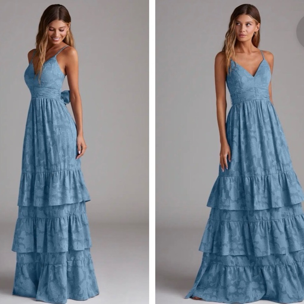 Azazie Nathalia Steel Blue A-Line Bow Floral Burnout Dress